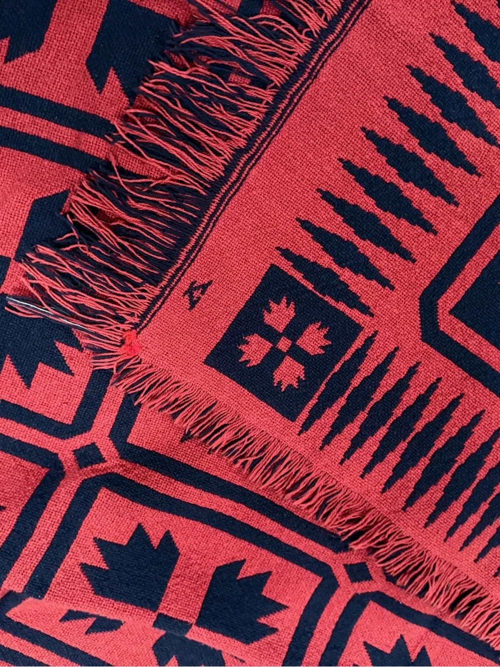 Hand‑Woven Cotton Throw / Small Accent Rug – Navy & Red – Artisan Mark – 48” x 5